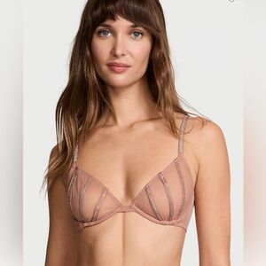 Victorias secret very sexy low cut Demi sheer cream silver bling shine trim NWT